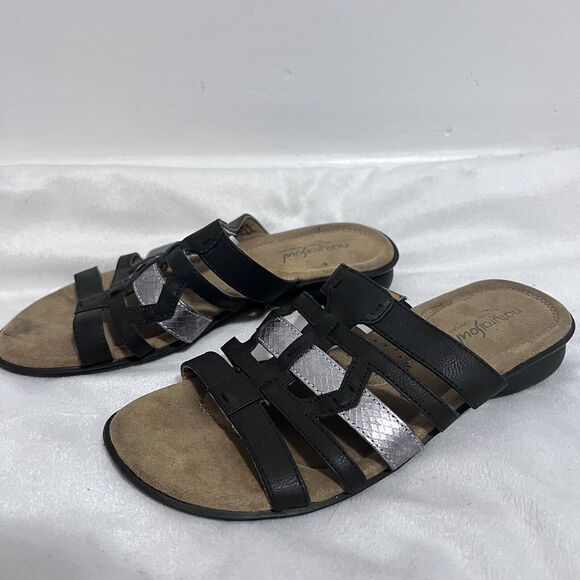 Natural Soul Comfort Sandals Women’s 8 M Joliet Black Silver Slip On Strappy - Picture 1 of 6